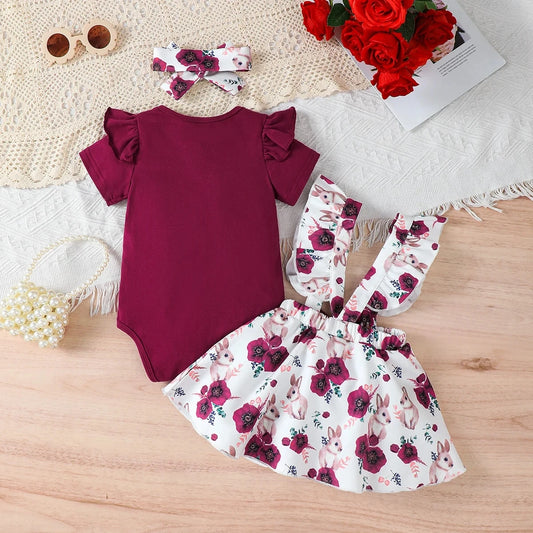 Ensemble d'été pour bébé fille, combinaison couleur unie, jupe à bretelles imprimée lapin et bandeau, pour bébés filles de 0 à 18 mois