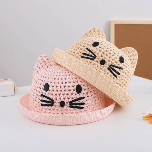 Summer Baby Straw Hat Cute Cat Ear Infant Toddler Mesh Breathable Bucket Hat Outdoor Beach Boy Girl Panama Sun Cap