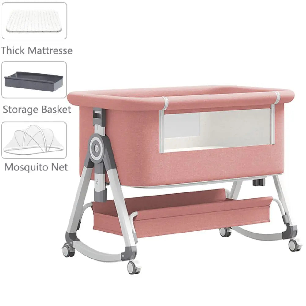 Portable Foldable Baby Crib 3-in-1 Adjustable Height with Rotatable Wheels Shaker Bassinet Mosquito Net Newborn Baby Bed