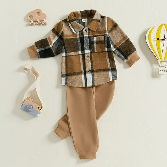 Ensemble 2 pièces pour bébé garçon de 1 à 5 ans, vêtements d'automne à carreaux, chemise à manches longues et pantalon à bande élastique