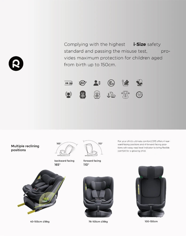 Child Seat 360° Baby Car Seat Rotatable ISOFIX ,E8,R129/Group0+1/2/3,0-36 kg/0-12 Years, 5-Point Safety Belt, Child Car Seat