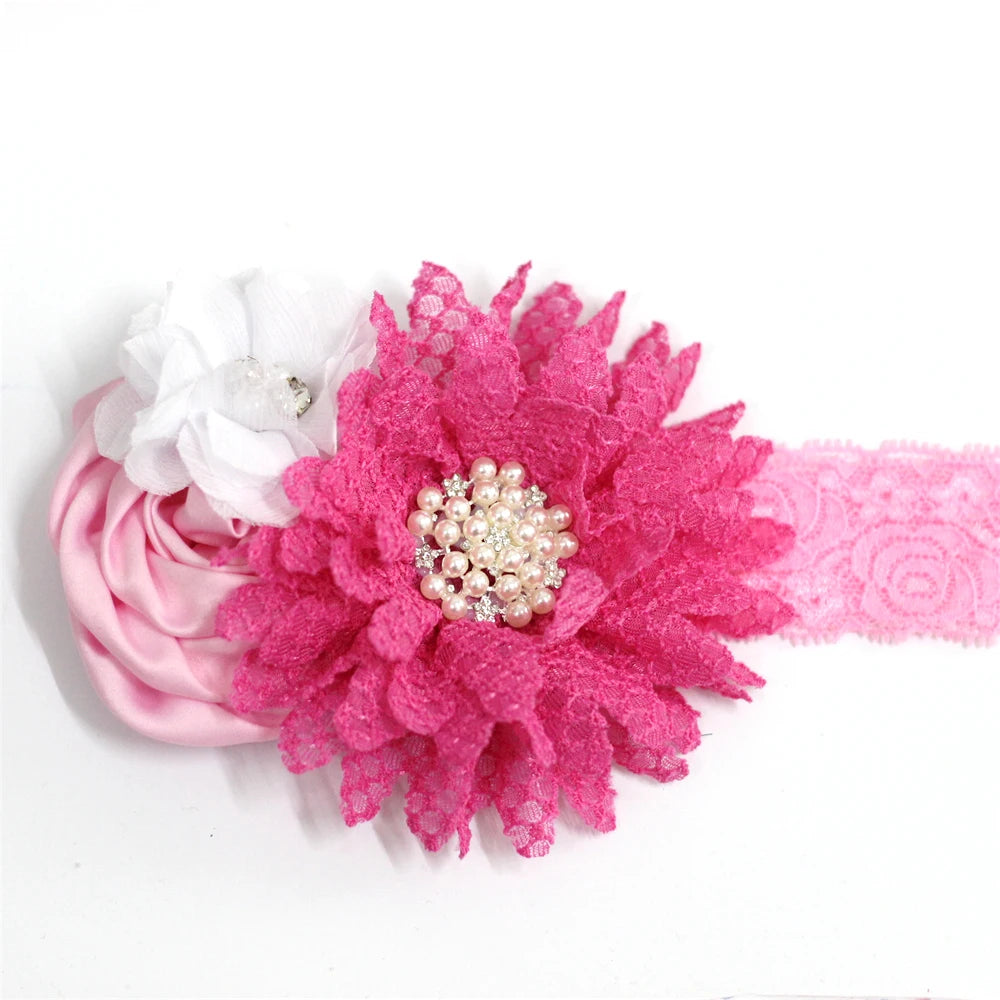 Baby Birthday Headband Photo Props Headwear Chiffon Flower with Diamond Lace Wide Headband for Baby Girls Headwrap Infant Turban