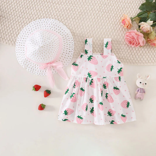 Ensemble robe et chapeau d'été pour bébé fille, 2 pièces, robe décontractée à petits pois ronds, imprimé fraise, nœud sur le devant, pour tous les jours