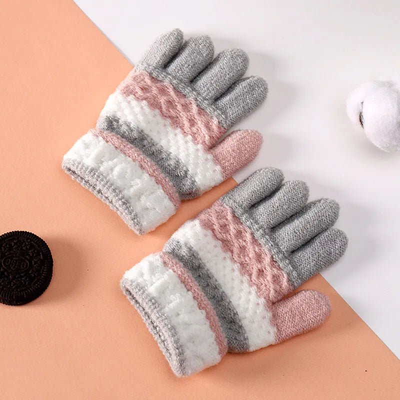 Winter Kindergarten Children Striped Split Finger Gloves Thick Warm Kids Knitted Glove 3-6year Boy Girl Baby Hand Warmer Mittens