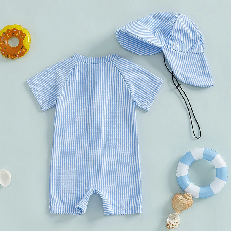 Maillots de bain d'été pour bébés garçons, imprimés rayés, fermeture éclair, col rond, manches courtes, combinaisons anti-éruption cutanée, chapeaux, maillots de bain
