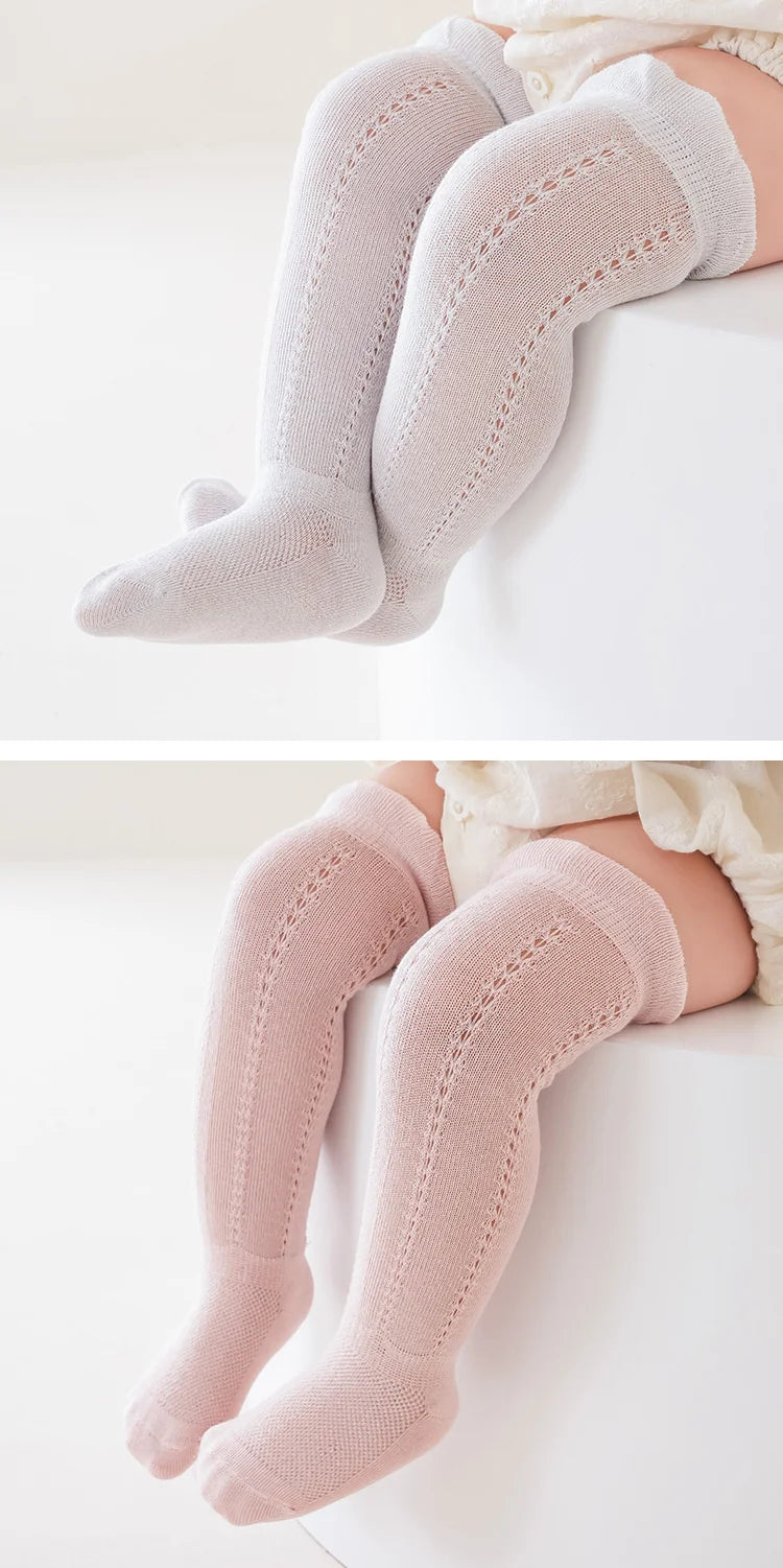 Lot de 5 paires de chaussettes longues ajourées pour bébé, en maille respirante, en coton, princesse, sans os, montantes, fines, pour nouveau-né, de 0 à 2 ans