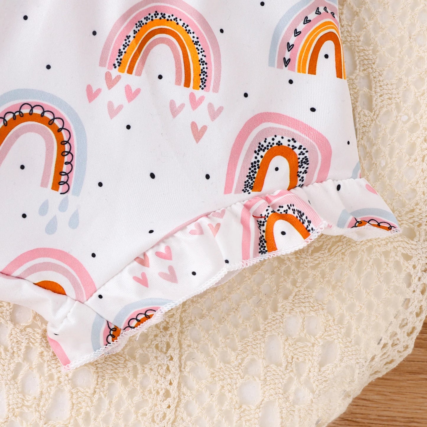 Ensemble 3 pièces d'été pour bébé fille de 0 à 2 ans, robe licou violette douce et confortable, décontractée et légère + short imprimé arc-en-ciel