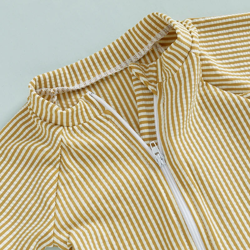 Maillots de bain d'été pour bébés garçons, imprimés rayés, fermeture éclair, col rond, manches courtes, combinaisons anti-éruption cutanée, chapeaux, maillots de bain
