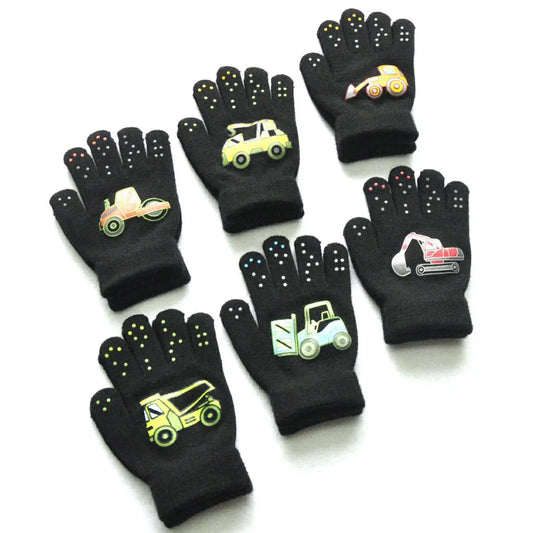5-11Y Children Cartoon Vehicle Plush Warm Gloves For Boys Girls Student Winter Knitted Mittens Outdoor Cycling Skiing Gloves New