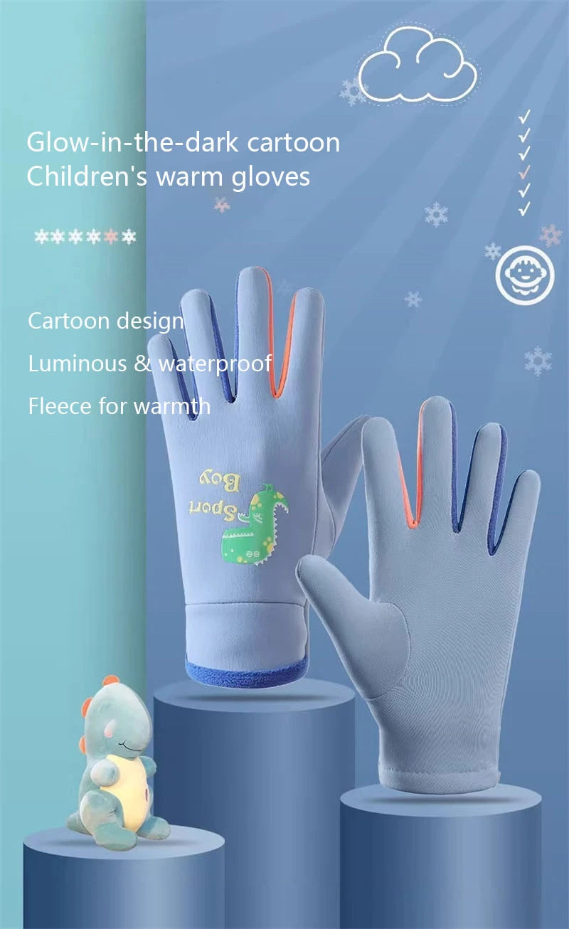 Winter Children's Gloves Cartoon Dinosaur Fluorescence Cycling Kids Warm Sports Skiing Windproof Waterproof Boys Girls Gloves