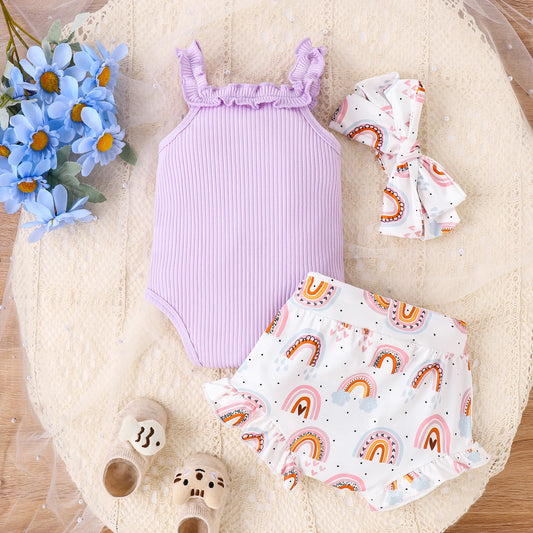 Ensemble 3 pièces d'été pour bébé fille de 0 à 2 ans, robe licou violette douce et confortable, décontractée et légère + short imprimé arc-en-ciel