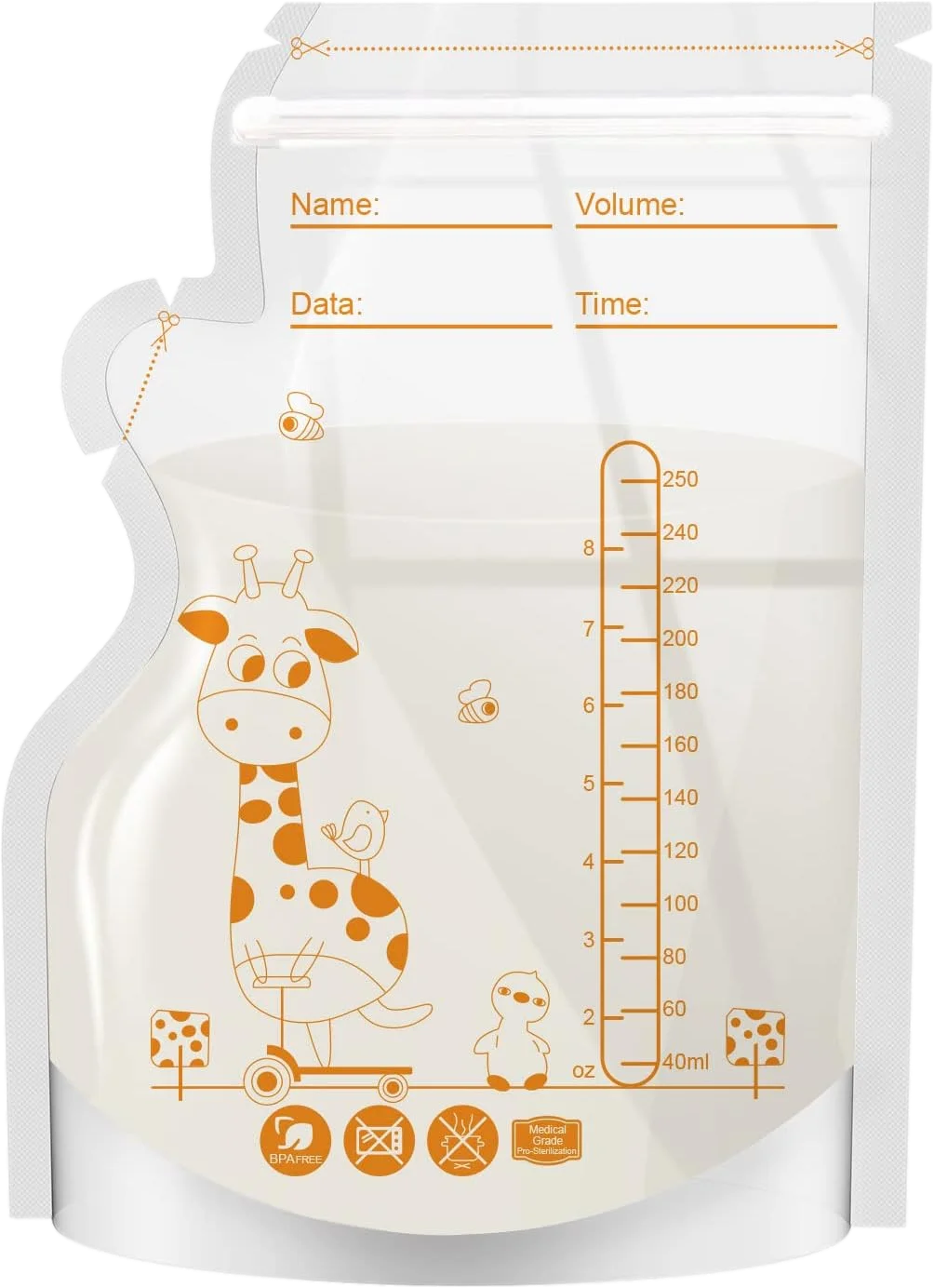 Sachets de conservation du lait maternel PE Giraffe, 250 ml, 30 pièces/60 pièces par paquet, étiquettes pré-adhésives, sans BPA, étanches,