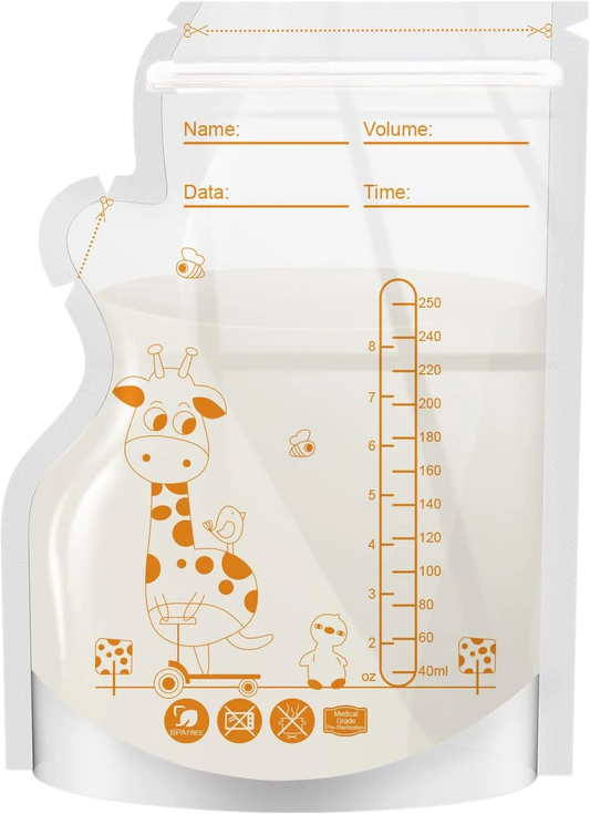 Sachets de conservation du lait maternel PE Giraffe, 250 ml, 30 pièces/60 pièces par paquet, étiquettes pré-adhésives, sans BPA, étanches,