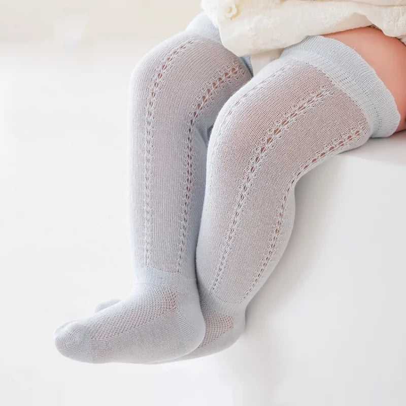 Lot de 5 paires de chaussettes longues ajourées pour bébé, en maille respirante, en coton, princesse, sans os, montantes, fines, pour nouveau-né, de 0 à 2 ans