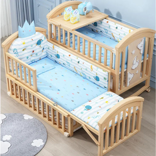 2025New Solid Wood Baby Crib Movable Splicing Bed Multifunctional Baby Rocking Bed Adjustable Guardrail Height with Mosquito Net