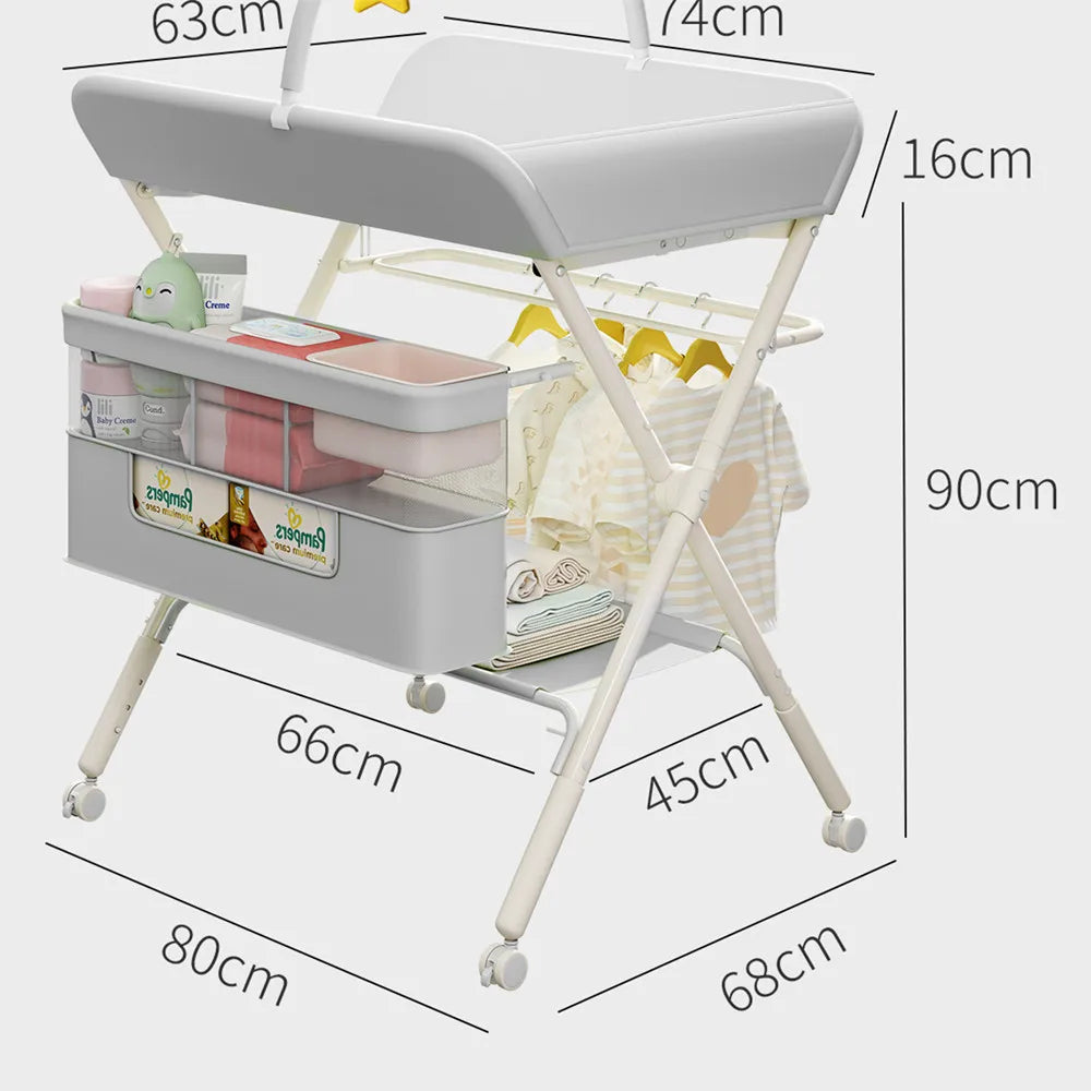 Portable Baby Changing Table for Nursery Height Adjustable Foldable Diaper Table with Swivel Wheels Drying Rack Large Storage