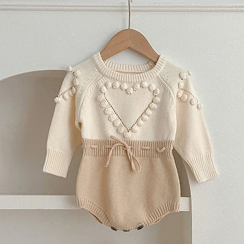 Body tricoté pour nouveau-né fille, couleur unie, ajouré, manches longues, automne, printemps, combinaison tricotée pour bébé fille