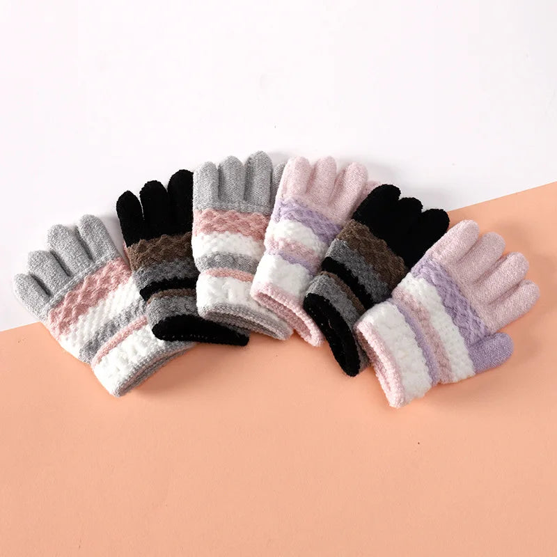 Winter Kindergarten Children Striped Split Finger Gloves Thick Warm Kids Knitted Glove 3-6year Boy Girl Baby Hand Warmer Mittens