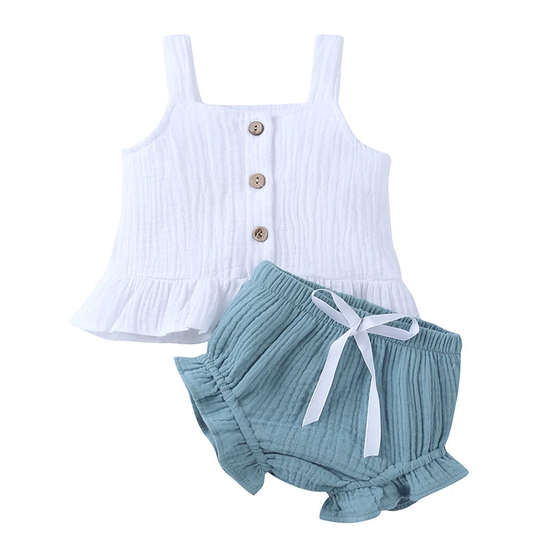 Ensemble de vêtements d'été pour nouveau-né fille, haut sans manches à volants en coton uni, pantalon court, 2 pièces