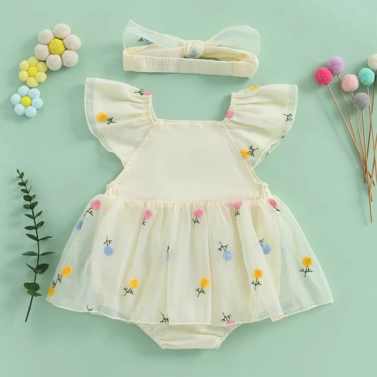 Vêtements pour nouveau-nés et nourrissons, barboteuse d'été pour bébés filles, manches volantées, broderie florale, combinaison avec bandeau