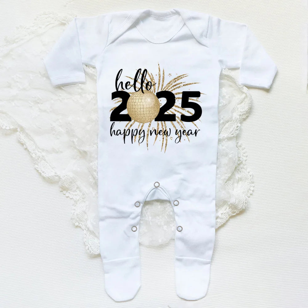 Combinaison de nuit imprimée Hello 2025 pour bébé, barboteuse, bonne année, nouveau-né, combinaison, pieds pour bébé, body à manches longues
