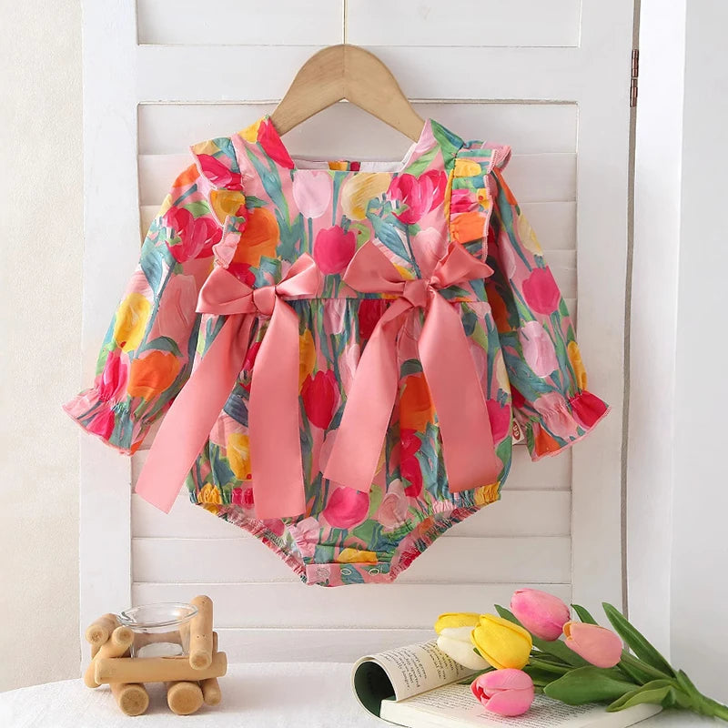 Barboteuse pour bébé fille, barboteuse à volants, col à volants, motif floral, vêtements de princesse pour nouveau-né