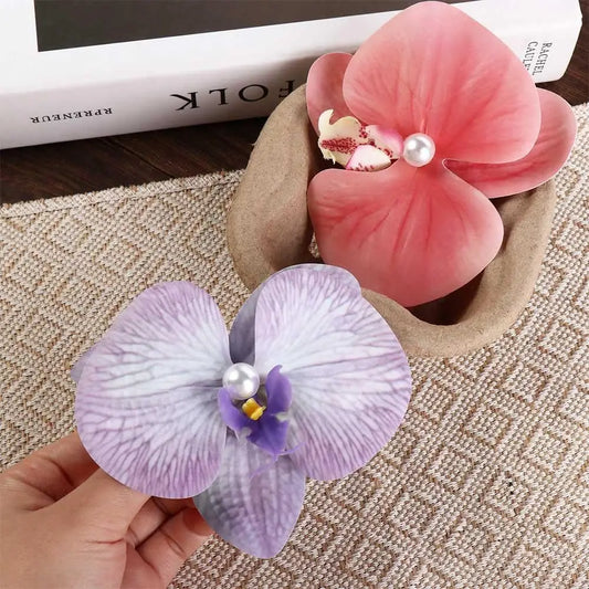 Pince à cheveux en tissu avec fleur, orchidée papillon, style coréen, épingle à cheveux en forme de fleur, accessoires pour cheveux féminins, pince à cheveux en perles pour fille, bord de mer