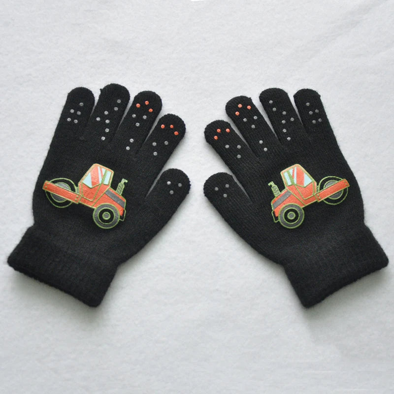 5-11Y Children Cartoon Vehicle Plush Warm Gloves For Boys Girls Student Winter Knitted Mittens Outdoor Cycling Skiing Gloves New