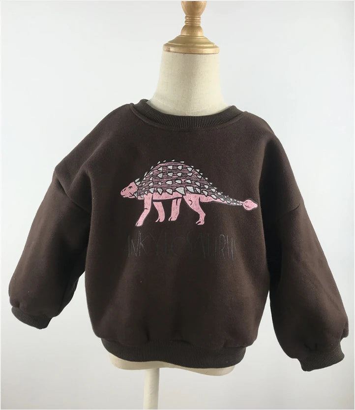 Winter Baby Girls Boys Fleece Velvet Warm Long Sleeve Tops Spring Kids Sweatershirt Dinosaur Print Hoodies