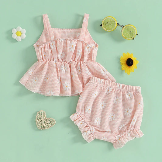 Tenues d'été pour bébés filles : ensemble débardeur sans manches et short élastique à gros nœud imprimé marguerites