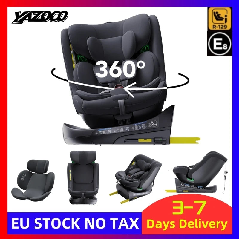 Child Seat 360° Baby Car Seat Rotatable ISOFIX ,E8,R129/Group0+1/2/3,0-36 kg/0-12 Years, 5-Point Safety Belt, Child Car Seat
