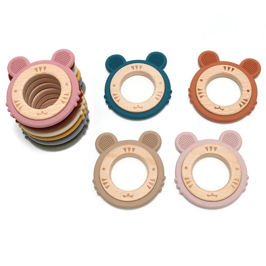 1 anneau de dentition en silicone pour bébé, sans BPA, mignon, dessin animé, pendentif tigre, jouet de dentition, anneau en bois, accessoires à mâcher, jouets pour bébé
