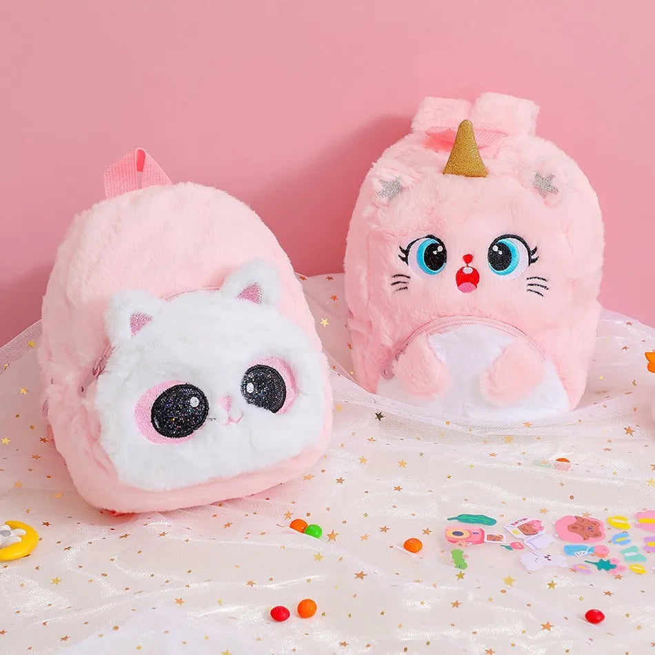 Girls and Boys Kindergarten Shoulders Bags Children's Cartoon Unicorn Plush Big Eyed Backpack Children's Colorful Plush Backpack