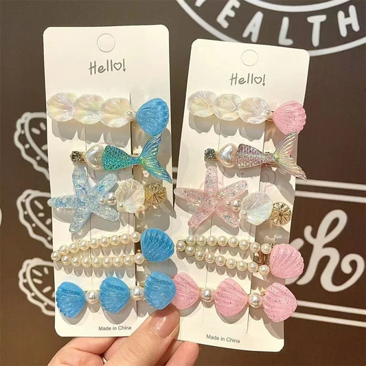 5 Pcs Cute Hair Clip Set Bangs Hairpin Mermaid Shell Starfish Pearl Sea princess Baby Girl Barrettes Hair Accessories