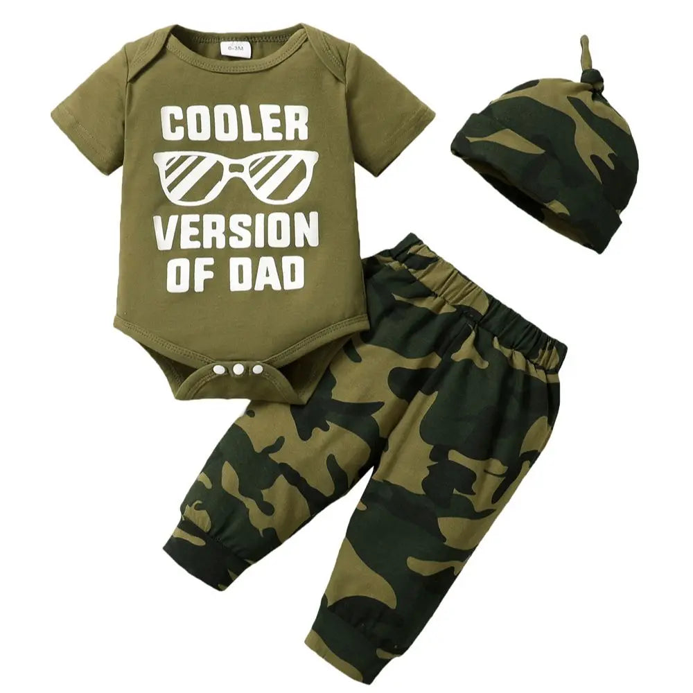 Ensemble 3 pièces pour nouveau-né garçon de 0 à 18 mois, barboteuse à manches courtes et pantalon camouflage avec chapeau, tenue décontractée