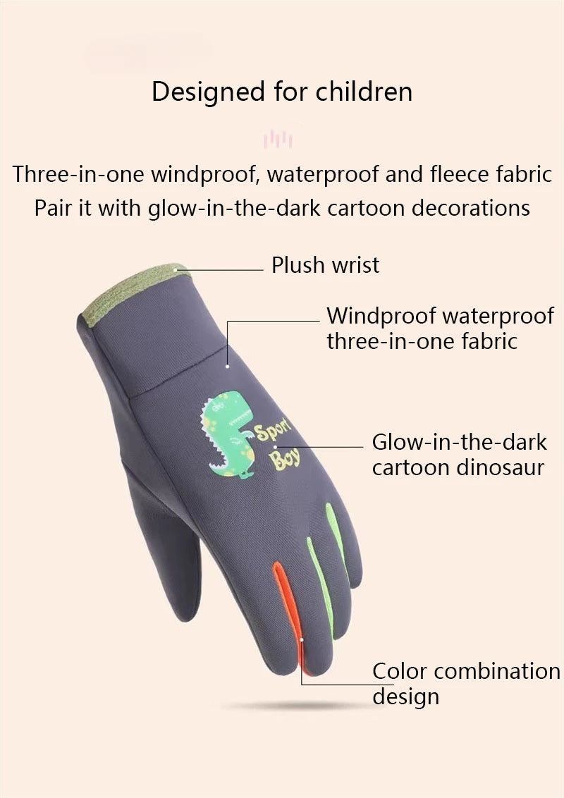 Winter Children's Gloves Cartoon Dinosaur Fluorescence Cycling Kids Warm Sports Skiing Windproof Waterproof Boys Girls Gloves