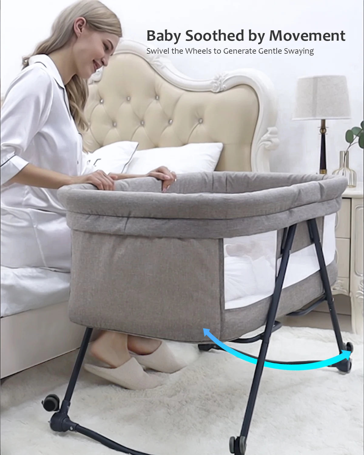 UBRAVOO Baby Grab-and-go Travel Cot with Mattress & Silent Wheels, Rocking Crib Convertible, XYT-001