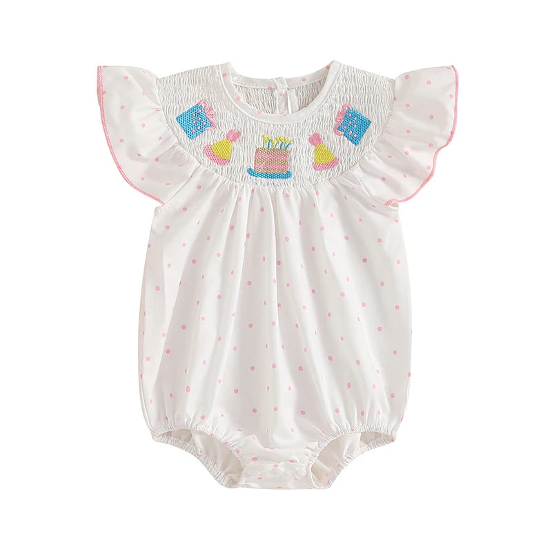 Tenue de premier anniversaire pour fille, gâteau d'anniversaire brodé, barboteuse à manches volantées, body smocké, tenues mignonnes pour bébé fille