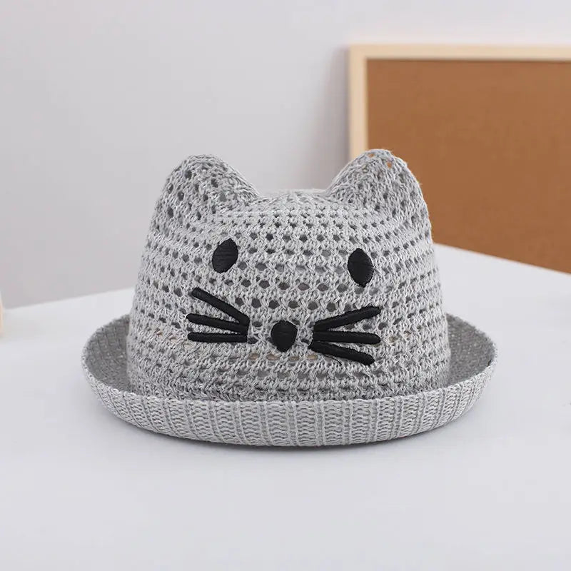 Summer Baby Straw Hat Cute Cat Ear Infant Toddler Mesh Breathable Bucket Hat Outdoor Beach Boy Girl Panama Sun Cap