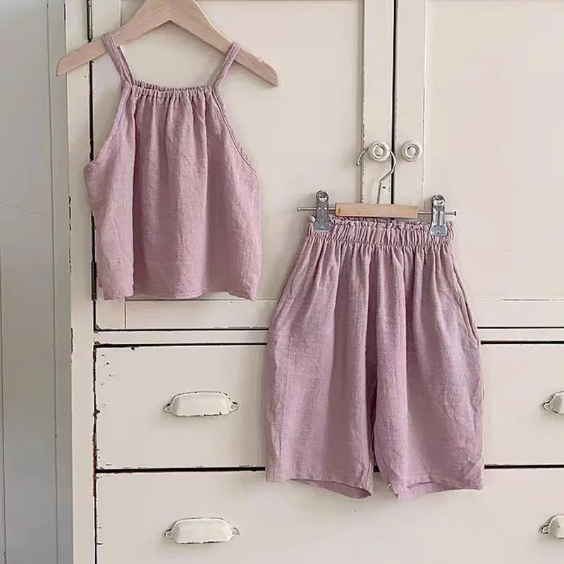 TZ2443 Bébé fille été nouveau design simple coton et lin couleur unie haut ample pantalon large vacances décontracté deux pièces