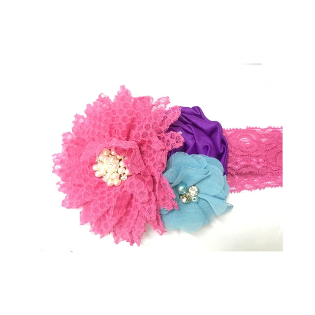 Baby Birthday Headband Photo Props Headwear Chiffon Flower with Diamond Lace Wide Headband for Baby Girls Headwrap Infant Turban