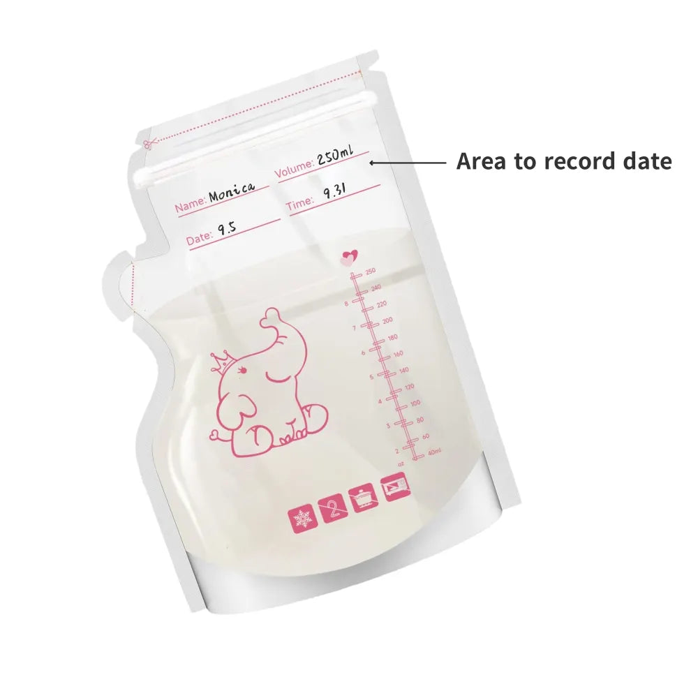 Lot de 50 sachets de conservation du lait maternel pré-stérilisés, anti-fuites, sans BPA, jetables, pour le stockage du lait maternel, pour le pompage et la congélation, motif éléphant