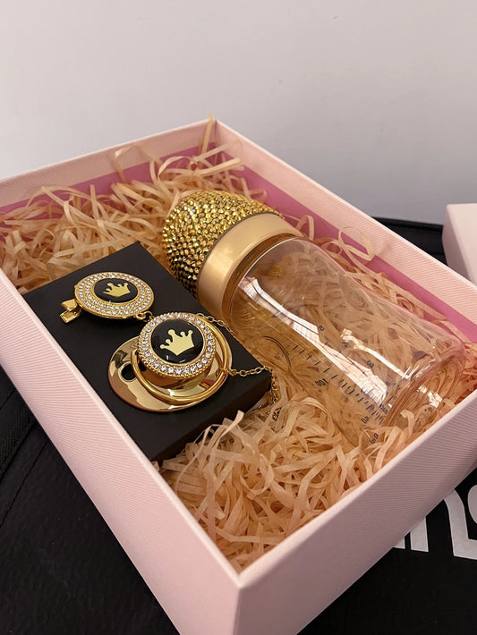 Ensemble de pinces à biberon et tétine Dollbling en cristal doré fait main pour bébé de 0 à 6 mois, couronne d'ailes angulaires pour nouveau-né, décoration de chambre d'enfant