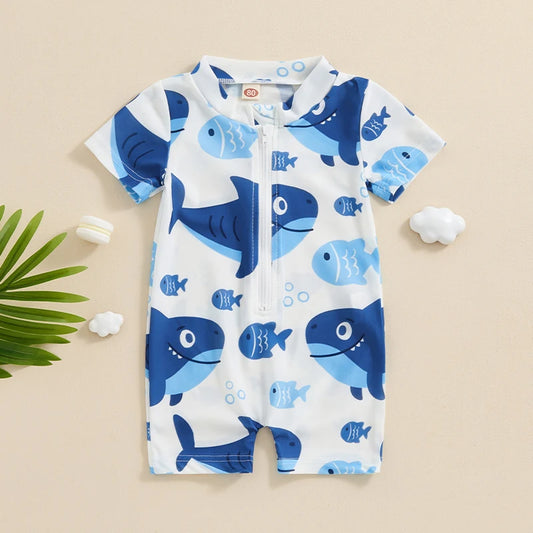 Maillot de bain anti-éruption pour tout-petit garçon, barboteuse à fermeture éclair et manches courtes, imprimé baleine/dinosaure, maillot de bain pour bébé, 3 mois à 3 ans
