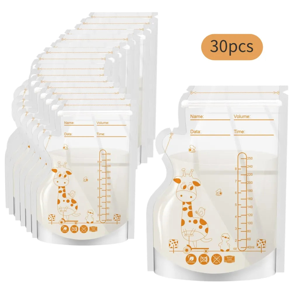 Sachets de conservation du lait maternel PE Giraffe, 250 ml, 30 pièces/60 pièces par paquet, étiquettes pré-adhésives, sans BPA, étanches,