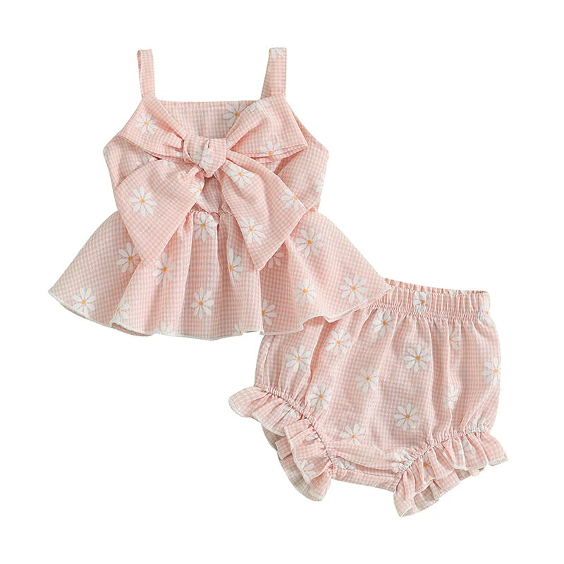 Tenues d'été pour bébés filles : ensemble débardeur sans manches et short élastique à gros nœud imprimé marguerites