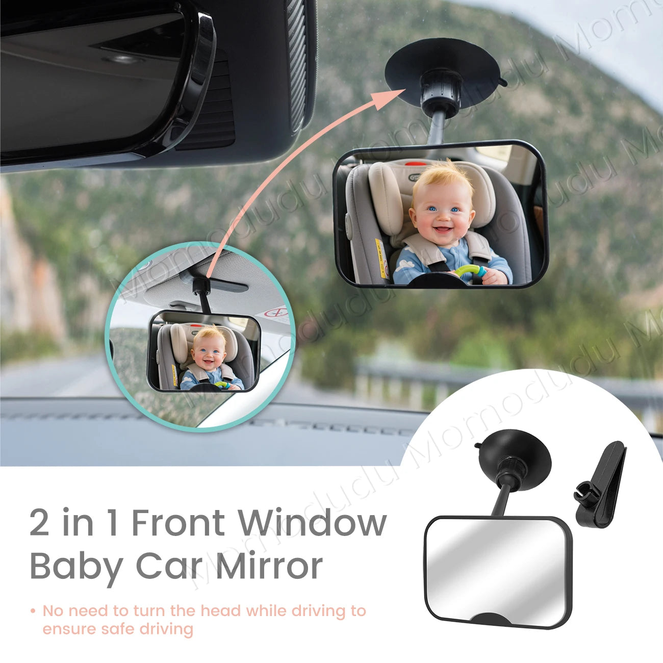 2-in-1 Black Adjustable Car Seat Mirror 360° Rotatable Shatterproof Suction Cups Easy Install for Rear-Facing Kids Monitoring
