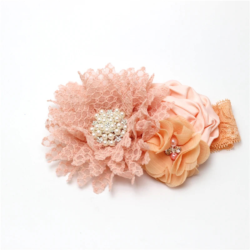Baby Birthday Headband Photo Props Headwear Chiffon Flower with Diamond Lace Wide Headband for Baby Girls Headwrap Infant Turban
