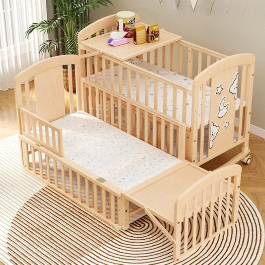 2025 New Baby Comfortable Sleeping Bed Solid Wood Newborn Baby Bed Multifunctional Baby Rocking Bed with Wheels and Mosquito Net