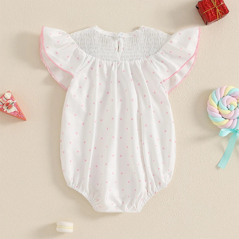 Tenue de premier anniversaire pour fille, gâteau d'anniversaire brodé, barboteuse à manches volantées, body smocké, tenues mignonnes pour bébé fille